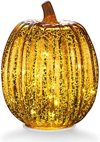Mercury Glass Home Decor Accents, XY Decor 7.7" Battery Operated LED Pumpkin Lights with Timer for Fall, Thanksgiving and Halloween Decoration(Gold)