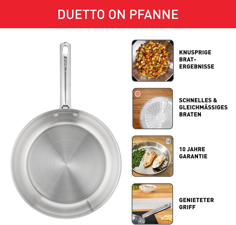 Duetto On Bratpfanne 28 cm, unversiegelt, dicker Wärmediffusionsboden, Komfort-Griff, langlebig, für alle Herdarten geeignet, Edelstahl, B8660634