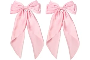 Furling Pompoms Hair Bows for Women,Large Satin Silky Hair Bow Clips Ribbon Long Tail French Barrette Hair Clamps Girls Hair Accessories Party Wedding Christmas Thanksgiving (Light Pink)