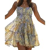 Mansy Womens 2025 Summer Floral Mini Dress Boho Flowy Skater Dresses Short Sleeveless Ruffle Spaghetti Strap Dress