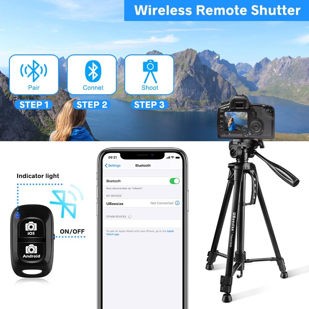 Camera Tripod, UBeesize 55-Inch Lightweight Aluminum Travel Tripod Stand for Canon Nikon Sony DSLR Digital Olympus Video Camera with Universal Smartphone Mount & Carry Bag & Bluetooth Remote : Camera & Photo