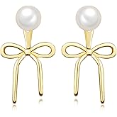 yomlry Bow Earrings for Women, 14k Gold Plated Bow Pearl Earrings for Women, Elegant Drop & Dangle Jewelry, Earring Gift for Loved Ones-Silver