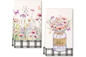 ARKENY Wildflower Vase Spring Kitchen Towels Dish Towels Set of 2,Purple Butterfly Hand Towels 18x26 Inch Drying Dishcloth,Farmhouse Home Seasonal Spring Decorations AD276