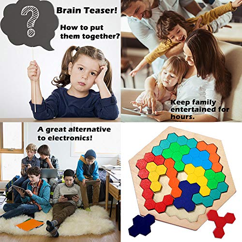Wooden Puzzles Brain Teasers Toy for Kids Adults, 16 Pcs Colorful Hexagon Fun Geometry Logic Tangrams Puzzle Table IQ Game Montessori Educational Toys for Children (Color May Vary) - Thumbnail 4