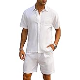 EISHOPEER Men Linen Sets Outfits Casual Short Sleeve Button Down Shirts Cotton Linen Beach Shorts Set