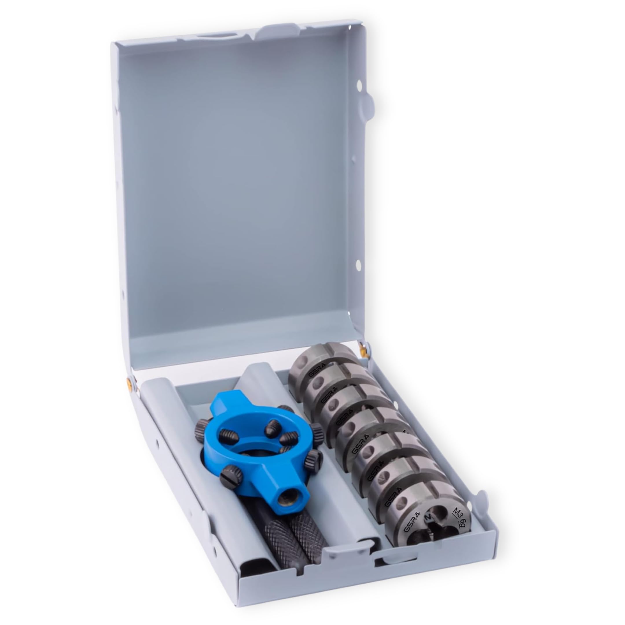 GSR Professional HSS Die Set, 8 Pieces, 25 x 9 Die Holder & M3-M12 Die Form B, Pre-Slotted for Metric Thread, External Thread, with Steel Cassette