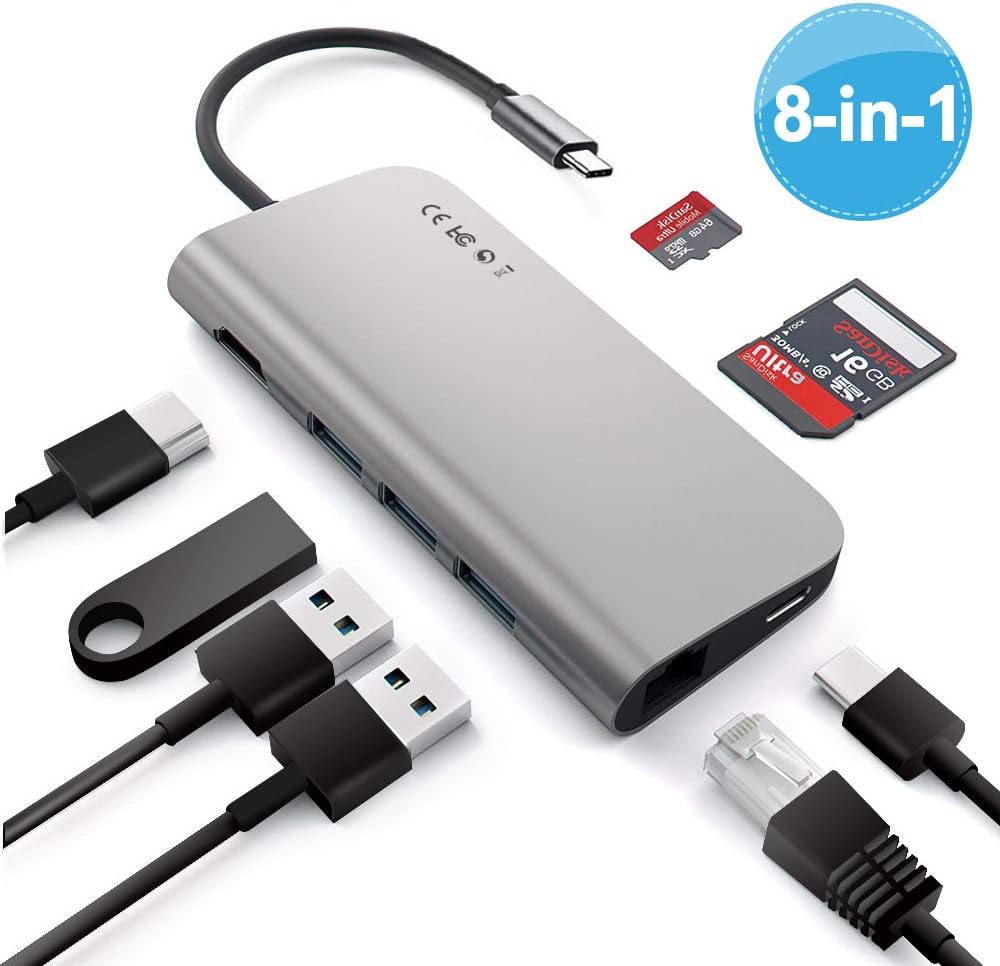 USB C Hub Adaptor, GEEKERA 8-in-1 Type-C Multiport Adapter to Gigabit Ethernet, HDMI Male(4K) Type-C PD Charging Port, SD/Micro Card Reader and 3 USB3.0 Ports for MacBook Pro
