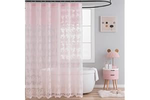 TUDECO Pink Shower Curtain - Shabby Chic Lace Floral Girly Cute Shower Curtain with Attach Valance, Sheer Vintage Coquette Aesthetic Bathroom Curtain, Scalloped Edge Top, 72 x 72 Inch, Light Pink