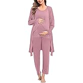SWOMOG Maternity Nursing Robe Set 3 PCS Postpartum Breastfeeding Pajamas Hospital Pregnancy Pjs Double Layer Lounge Set