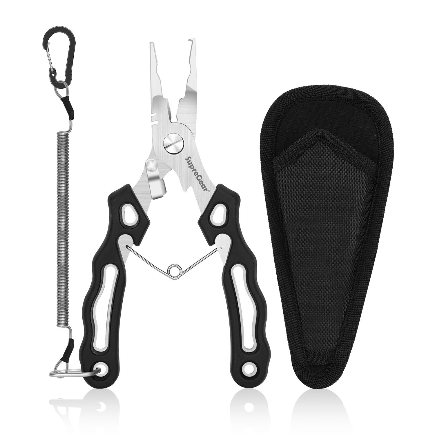 supregear Fishing Pliers, Stainless Steel Multipurpose Split Ring Pliers Wire Cutting Tool with Safety Lanyard and Nylon Sheath, Black