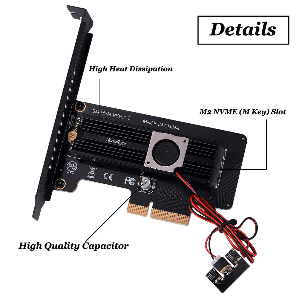 Speedbyte M.2 PCIe Adapter with M2 SSD Fan Cooler Heatsink. M2 NVME (M Key) 2280 2260 2242 2230 to PCIe 3.0 x 4 Adapter Host Controller Expansion Card Low Profile Bracket for Motherboard PCI Express