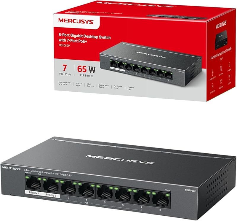 MERCUSYS MS108GP 8-Port Gigabit PoE Switch 7-Port PoE+ 250m Extender 65W Metal