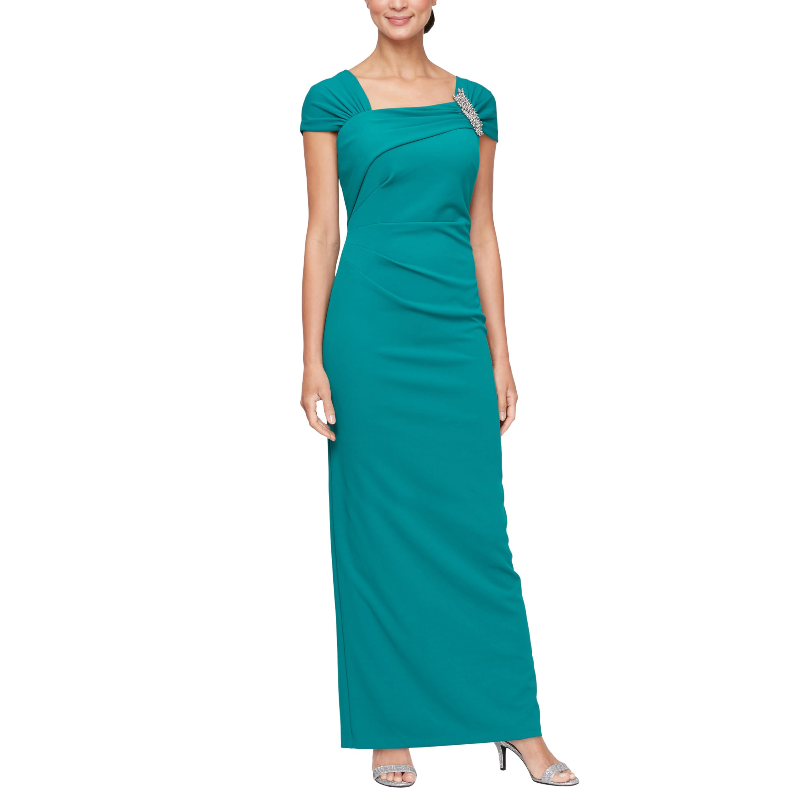 Alex Evenings Women’s Long Crepe Mother of The Bride Dress with Ruched Asymmetric Neckline & Embellishment, Formal Events, Hot Teal