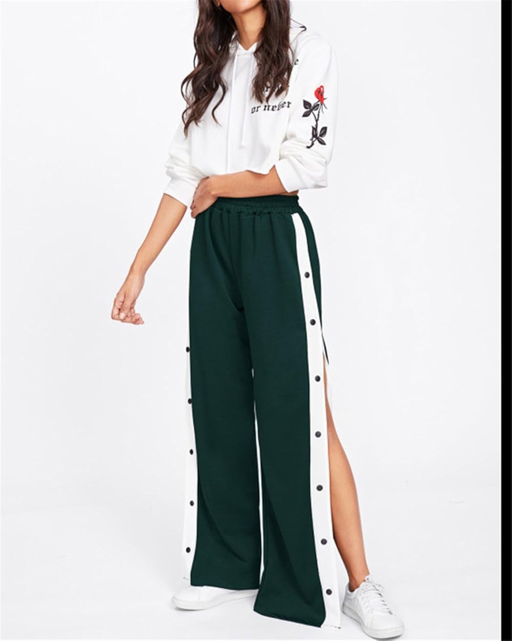 Bingua.com - FOURSTEEDS - Pantalones de cintura alta para mujer, elÃ¡sticos,  apertura lateral, plisado, color sÃ³lido, para piernas anchas