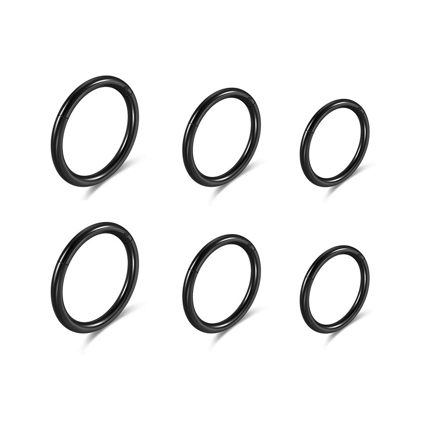 JSDDE 16G Stainless Steel Hinged Clicker Earrings Nose Clicker Ring Hoop Septum Lip Tragus Earring Cartilage Helix Piercing 8mm 10mm 12mm Black