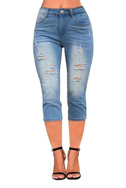 BWQ WOMENS RIPPED CAPRI JEANS – SKINNY STRETCH DESTROYED SLIM FIT DENIM CAPRI PANT
