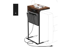 Evermagin C Shaped End Table with Charging Station, Small Side Table with Storage Bag for Couch and Recliner, Slide Under Sofa Tray for Living Room, Bedroom, Rustic Brown