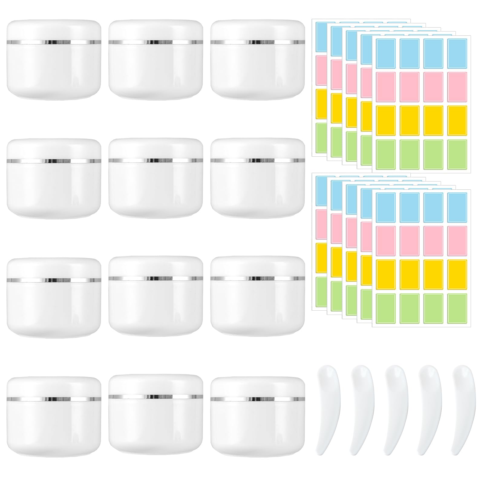 Vueinrg Pack of 12 Cream Jars Empty Jars 50 ml Cosmetic Jar with Lid Cream Jar Small Jars White Plastic Sample Containers Cosmetic Refillable Travel Container with Spatula and Label