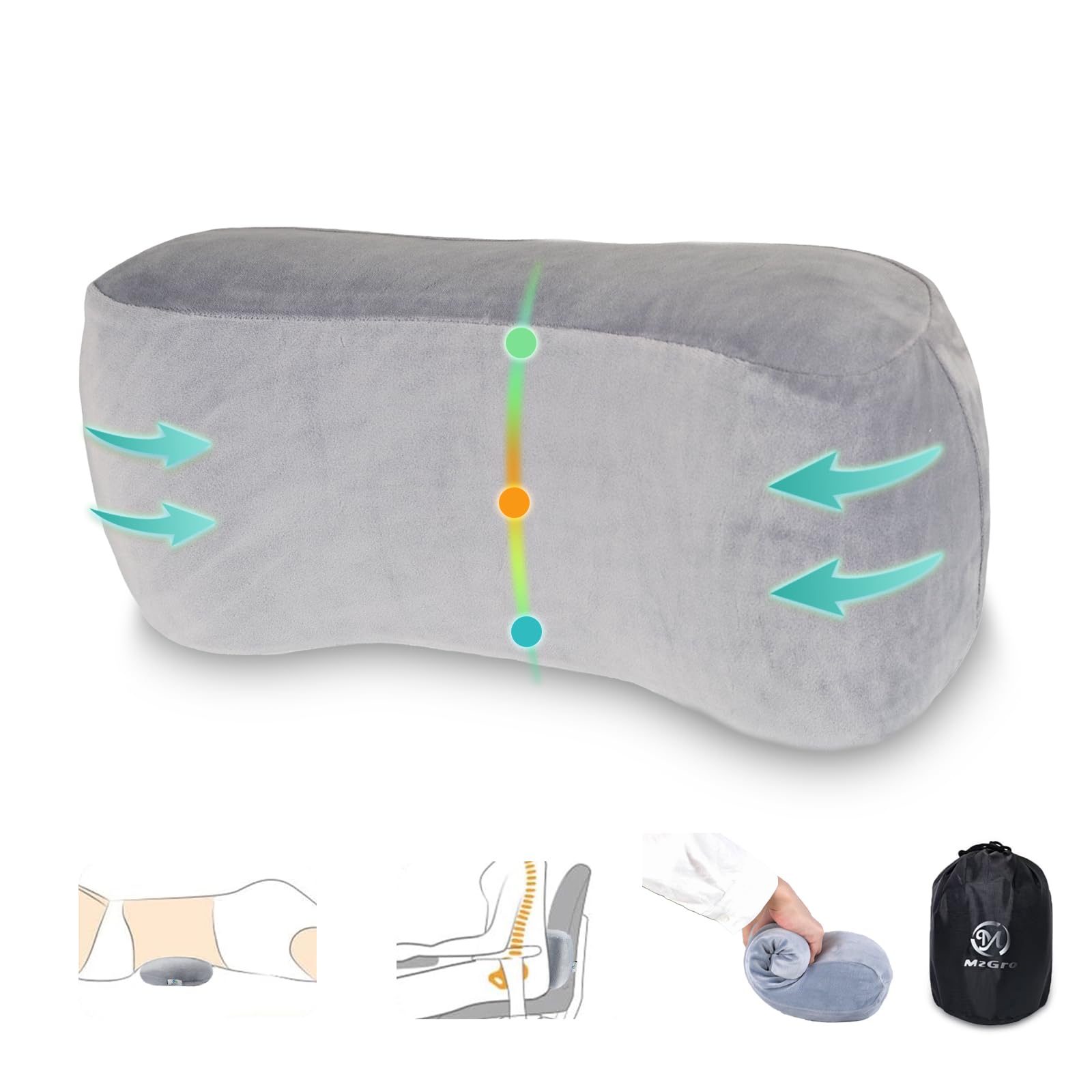 MzGro Back Lumbar Support Cushion for Office Chair - Soft Memory Foam Back Pillow for Back Pain - Bolster Cushion for Long Sitting, Driving, Travel, Bed - Versatile Pillow (Grey)