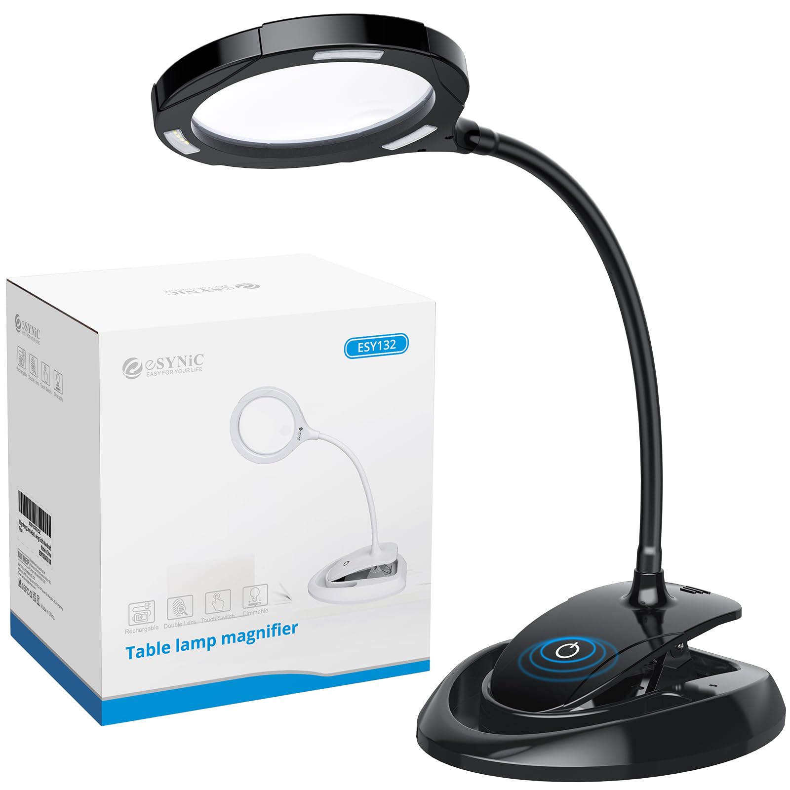 eSynic Black Magnifying Glass with Light Flexible Magnifying Lamp Rechargeable Magnifier with Light and Desk Maginifier Lamp With 15 Bright LEDs a 5x &10x Optical Lens Perfect for Reading Craft etc