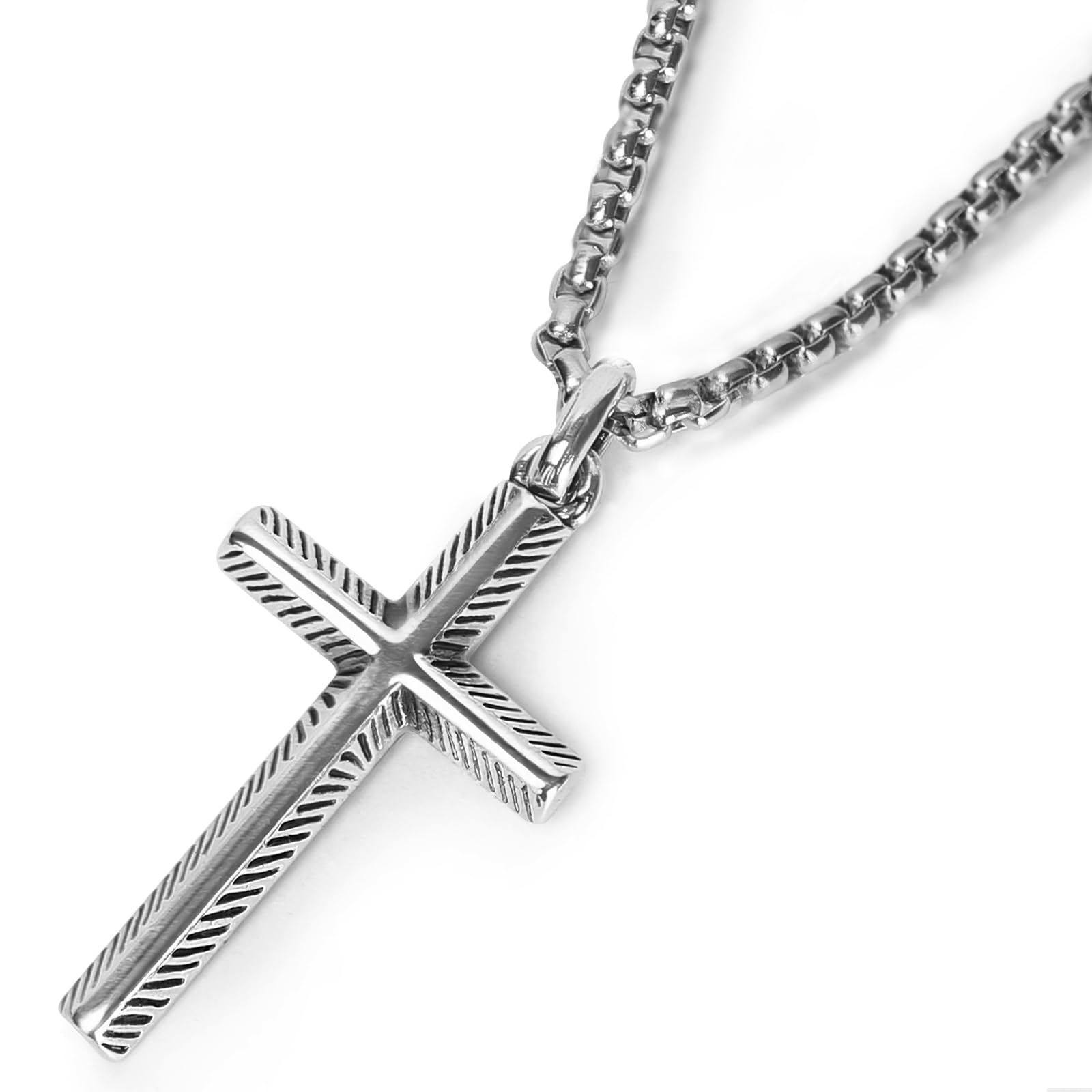 Photo 1 of M SHUYUN S925 Silver Cross Necklace for Men, Handcrafted Diagonal-Texture Sterling Silver Pendant, Symbolizing Faith and Strength – Gift for Men for Father’s Day, Christmas, Birthday, and More.