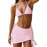 WDIRARA Women's 3 Piece Bow Bikini Set Halter Triangle Swimsuit Bathing Suit with Beach Skirt