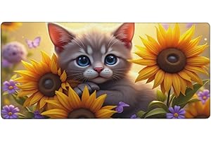 Large Gaming Mouse Pad - Cute Yellow Sunflower Cat Print Rubber Base Desk Mat, Desk Pad with Stitched Edges, Mousepad for Lap
