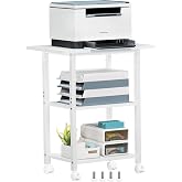 Lerliuo 3-Tier Printer Stand, Industrial Mobile Printer Table with Storage Shelf and Steel Frame, Rolling Printer Cart Holder with Lockable Wheels for Home, Office (White)