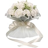 LEIFENY Wedding Bouquets for Bride, Ivory White Bridal Bridesmaid Wedding Flowers, Artificial Toss Rose with Silk Ribbon for Civil Ceremony