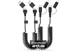 2-Pack Coiled USB Cable, USB to USB C and Lightn-ing Cable 4-in-1, Car Carplay Cable, Fast Charging Cord for iPhone 17 16 15 
