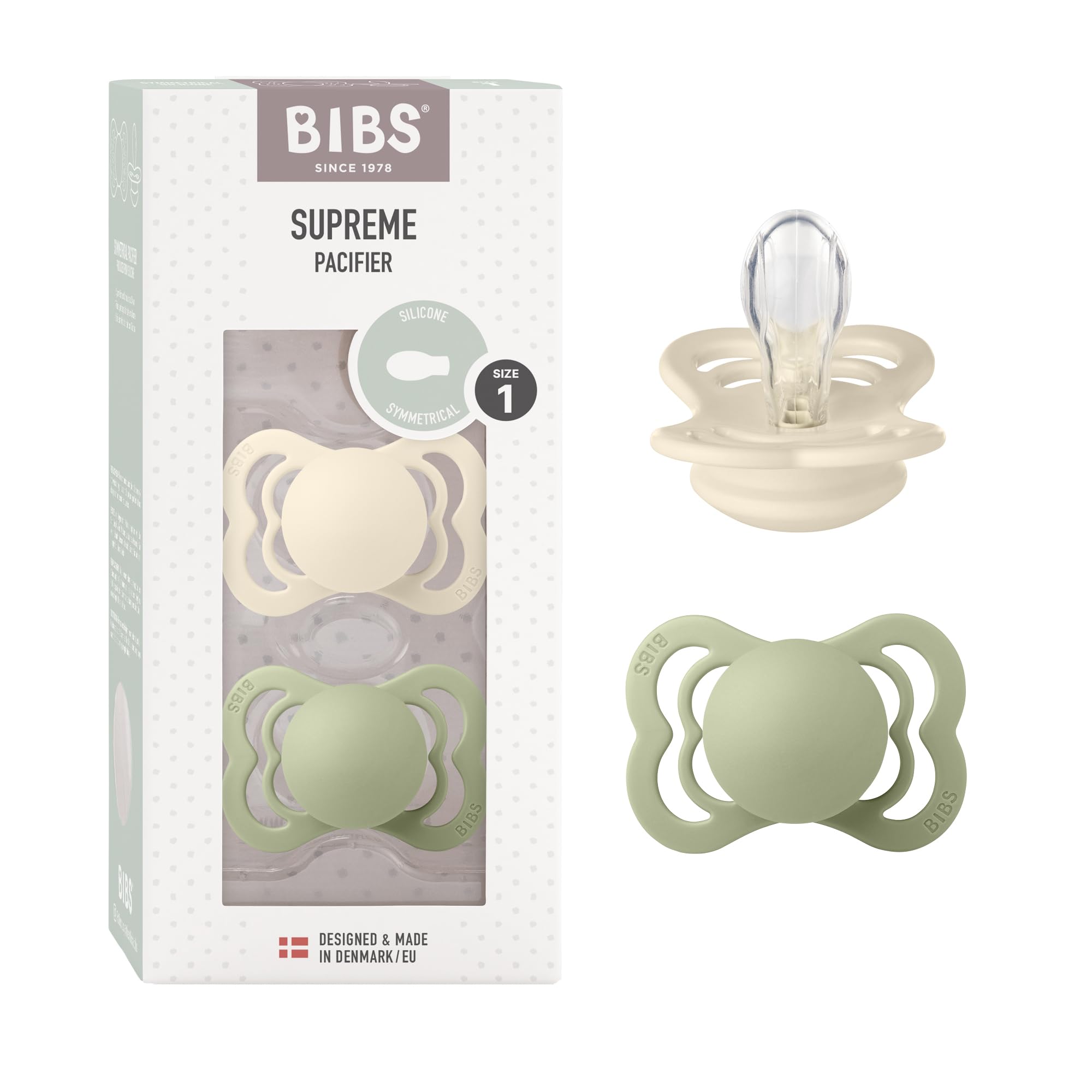 BIBS Supreme Dummies 2-Pack, BPA Free Dummy Pacifier, Silicone Symmetrical Nipple Soother, Size 1 (0-6 Months), Ivory/Sage