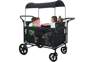 MOOITZ Stroller Wagon for 4 Kids, Foldable Wagon Stroller with 4 High Seats and Removable Canopy, Wagon Cart with Wheels and Double Adjustable Push Bars for Beach, Camping, Park