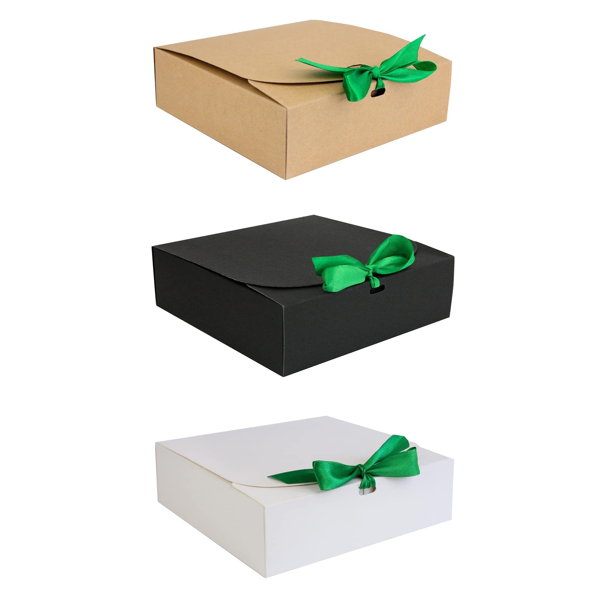 Emartbuy Pack of 12 Gift Boxes, 16.5 cm x 16.5 cm x 5 cm, Easy Assembly, White, Brown and Black Kraft Box with Green Bow Ribbon
