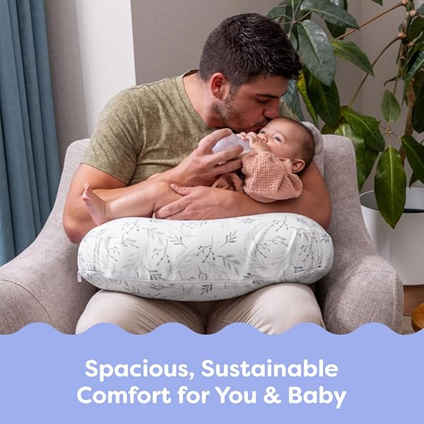 BOPPY NURSING PILLOW – FIRM, ERGONOMIC U-SHAPED BOTTLE AND BREASTFEEDING PILLOW WITH HIGH LIFT FOR COMFORT AND SUPPORT, SPACIOUS SURFACE – GRAY GENTLE LEAVES