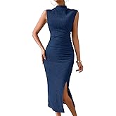 MITILLY Women Summer Formal Wedding Guest Dress Elegant High Neck Sleeveless Ruched Bodycon Midi Dress with Side Slit