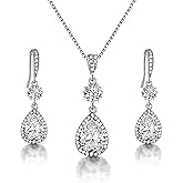 AMYJANE Elegant Jewelry Set for Women - Silver Teardrop Clear Cubic Zirconia Crystal Rhinestone Drop Earrings and Necklace Bridal Jewelry Sets Best Gift for Bridesmaids