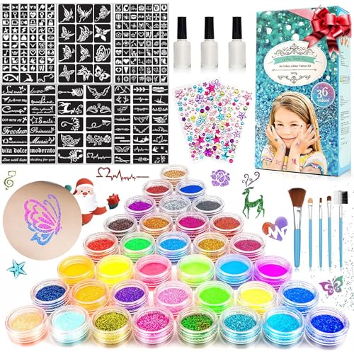 Glitter Tattoo Set Children, Temporary Glitter Tattoos Children's Set - Glitter Craft Set Girls 4 6 8 10 12 Years with 36 Colours, 182 Stencils, 215 Rhinestones, Craft Gifts for Birthday, Parties