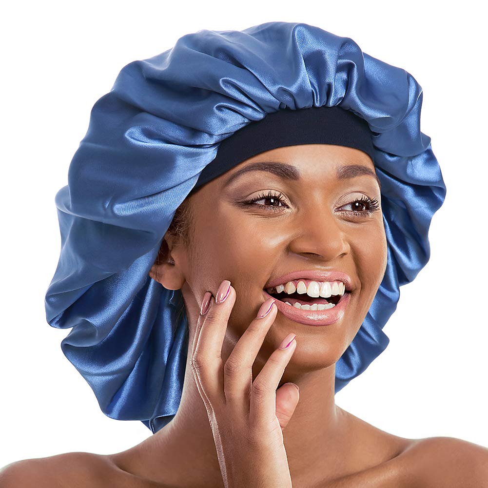 Double Layer Bonnet Long Satin Cap Head Wrap for Sleeping Blue — image 1