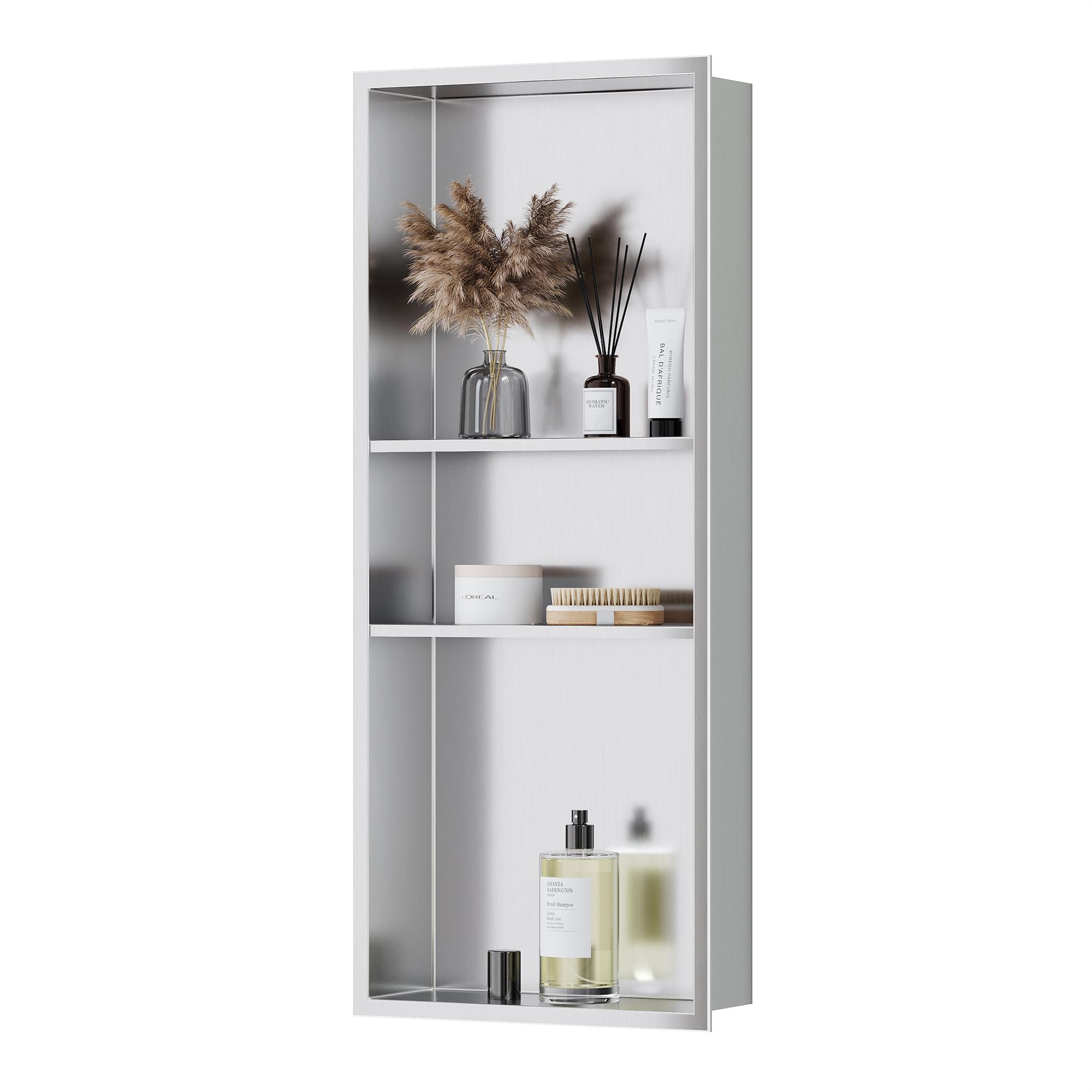 Photo 1 of Qeke Stainless Steel Shower Niche 12" X 30", No Tile Needed Wall Niche Three-Tier Shower Niche, Recessed Shower Shelf for Bathroom Storage, Brushed Nickel