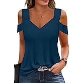 Soesdemo Womens Short Sleeve Tops Casual V Neck Cold Shoulder Comfy T Shirts Trendy Basic Tunics Tank Top