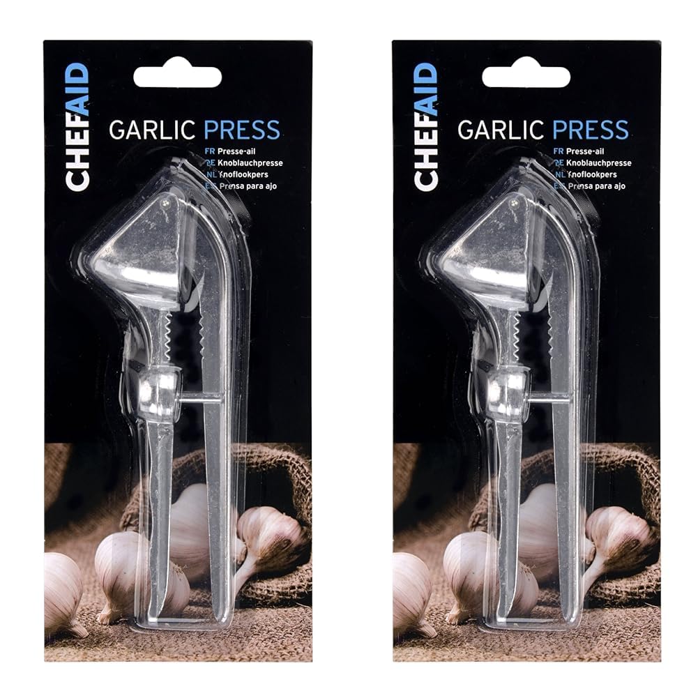 Chef Aid 10E10436 Garlic Press with Cherry/Olive Stoner, Silver, 9.5 x 22 x 3.3 cm (Pack of 2)