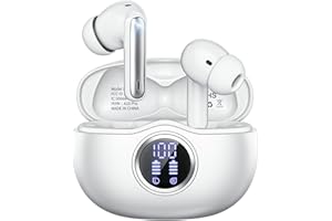 Fhumsh Wireless Earbuds, Bluetooth 5.3 Headphones HiFi Stereo 50H Playback LED Digital Display Ear Buds with ENC Noise Canceling Headset, IPX7 Waterproof Earphones for Gym/Running/Work (White)