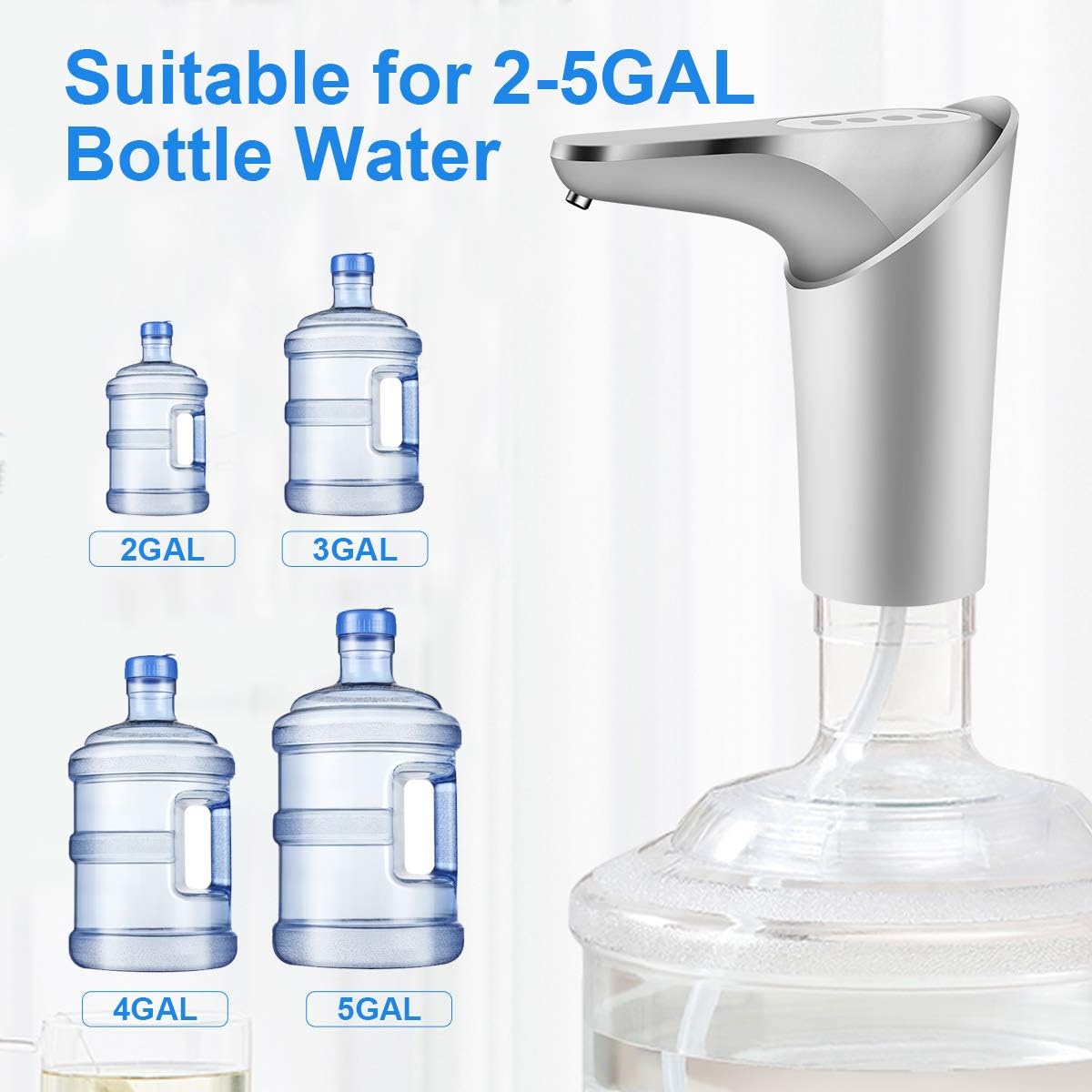 Water dispenser pump for 5 gallon Water bottle, Auto Bottled Gallon Water Jug Dispenser Pump (White/Silver) - - 
