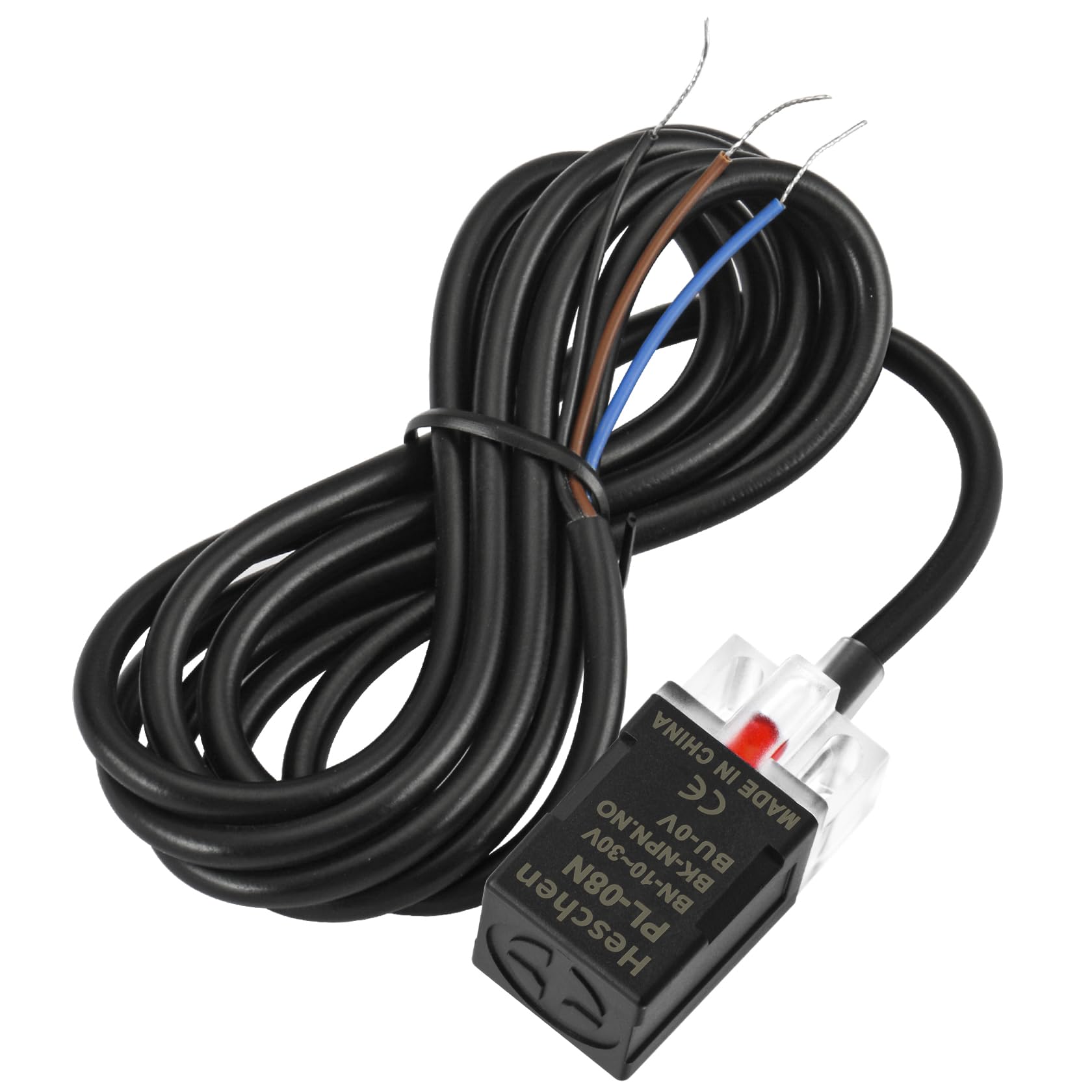 Heschen Square Inductive Proximity Sensor Switch, Non-Shield Type, PL-08N, Detector Distance 8mm, 10-30VDC 200mA, NPN Normally Open(NO), 3 Wire