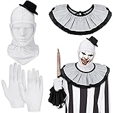 Yahenda 4 Pcs Halloween White Clown Costume Men Horror Clown Costume Accessories Include Open Face Mask Mini Top Hat Collar and Gloves for Adults Cosplay Party