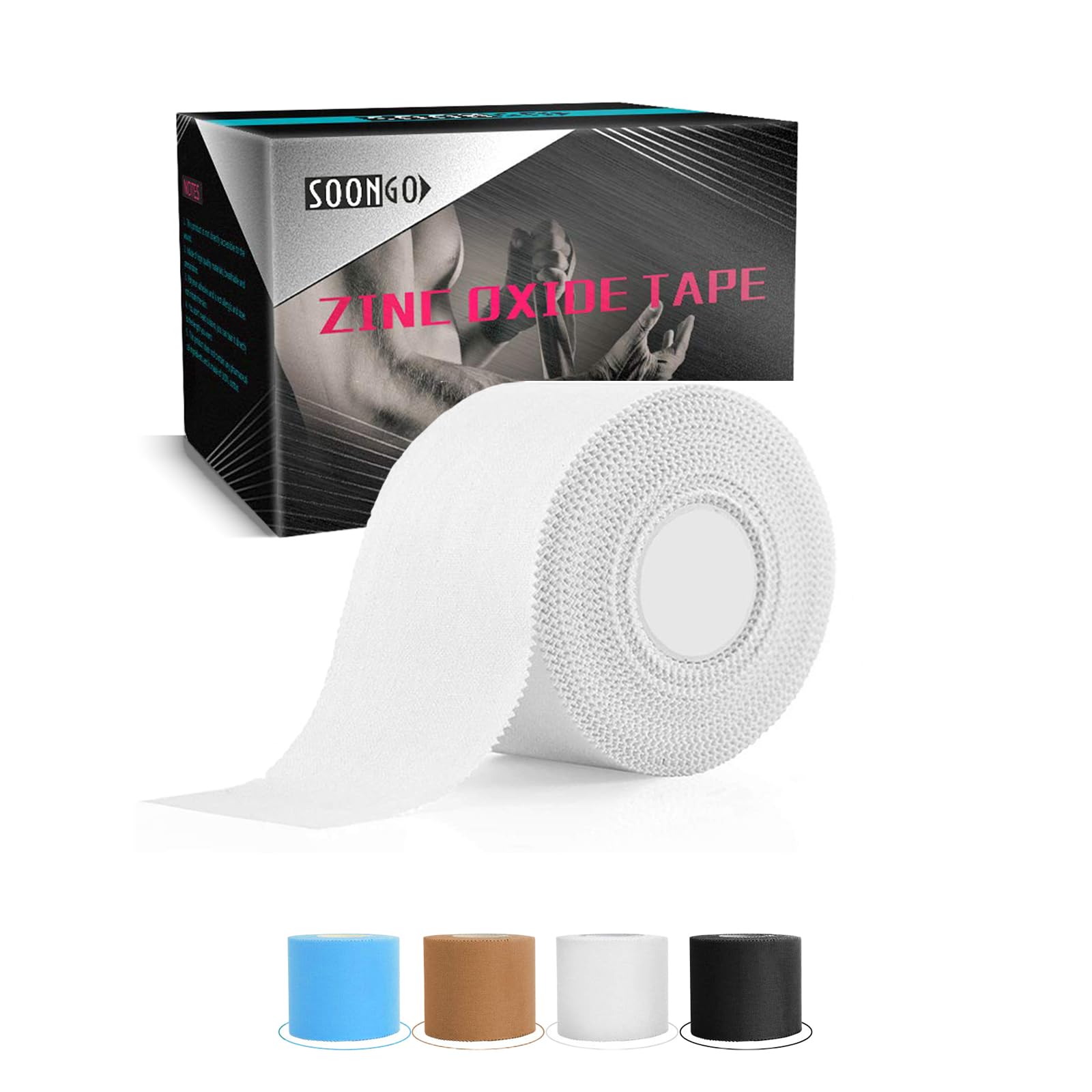 SOONGO Zinc Oxide Tape 3.8cm x 10m White Sports Strapping Athletic Tape Inelastic Provide Maximum Support Fixed Joint Good Viscosity Hypoallergenic
