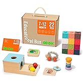 TOOKYLAND Montessori Toys for Babies 6-12 Months, 7 in 1 Learning Educational Set Wooden Toys (Includes Baby Rattle, Object Permanence Box, Wooden Book, Teething Toy and More)