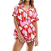 RUEWEY Womens Satin Pajamas Set Heart Print Button Down Shirt Shorts Set 2 Piece Silk Pjs Sleepwear