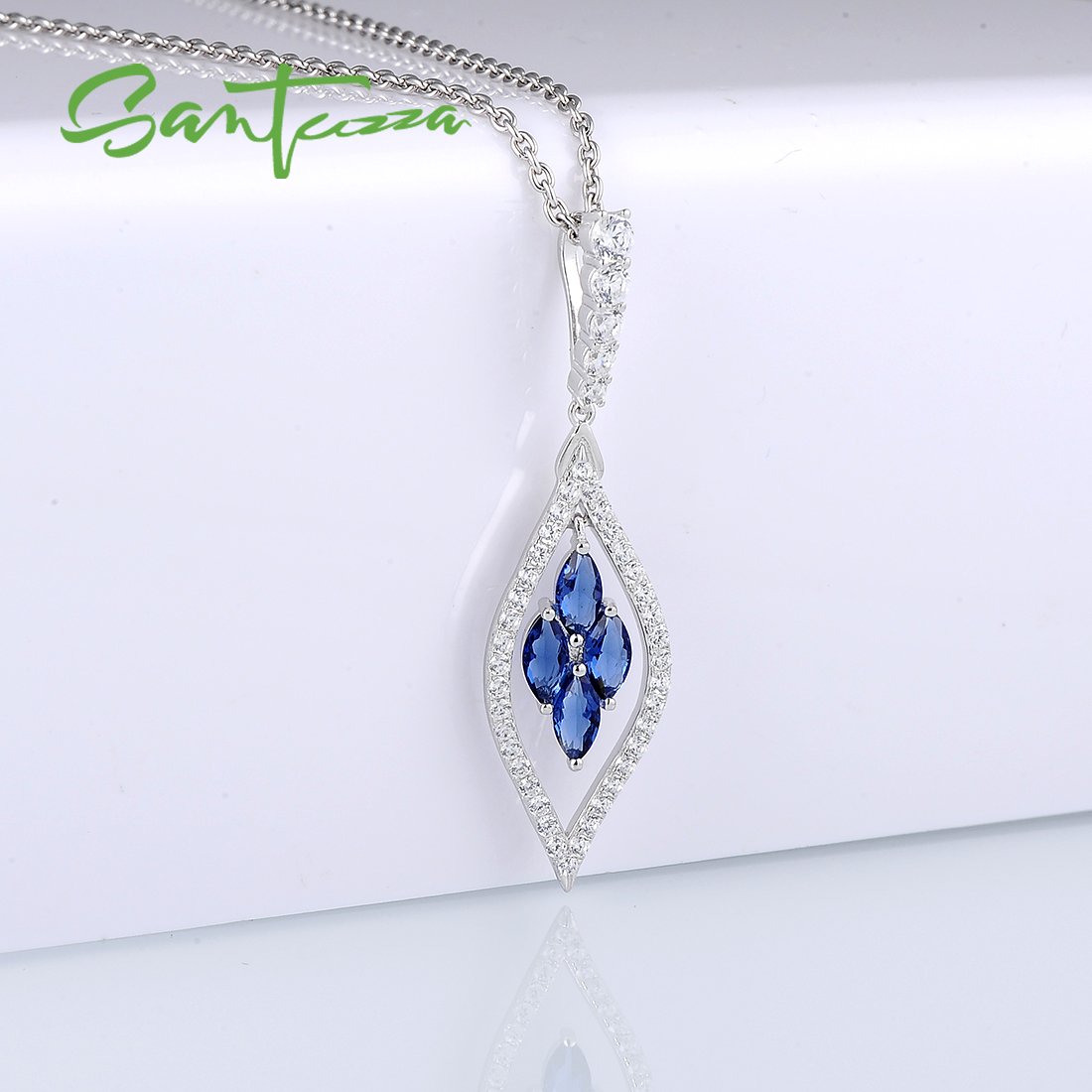Sterling Silver Sapphire Color Stone Necklaces Pendants Women Blue Crystal CZ Stones