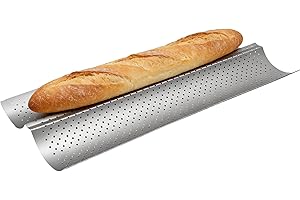 DUZFOREI 2Pcs 15"x6.3" Perforated French Bread Baking Pan for 2 Loave, Silver Baguette Pans Carbon Steel Baking Tray, for Fre